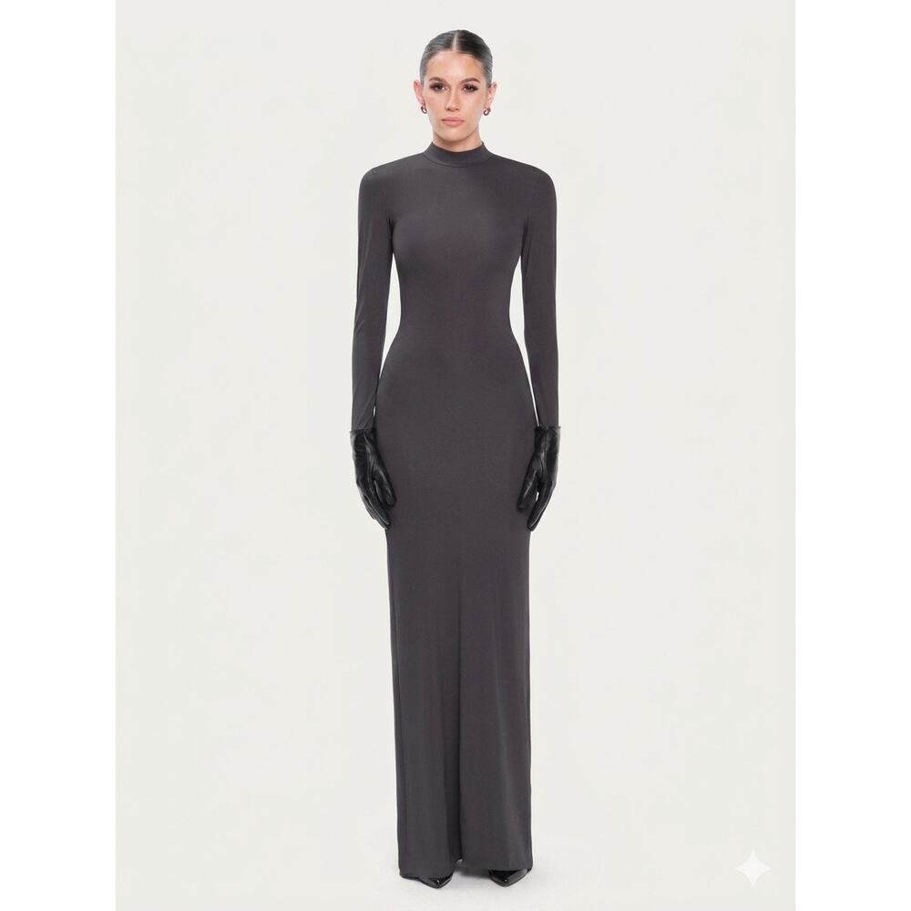 OW Collection CELIA Maxi Dress Gray Long Sleeve Mock Neck New size Small